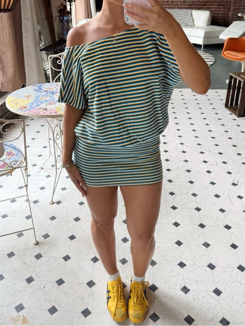 Striped Off-Shoulder Mini Dress in Teal and Yellow